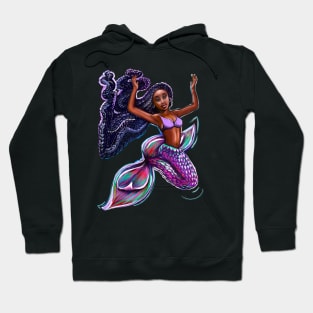 mermaid with flowing braids 4, brown eyes curly Afro hair and caramel brown skin. Black mermaid Hoodie